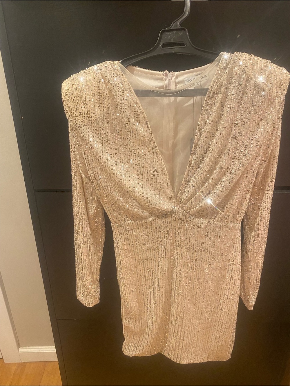 Fashion Nova Champagne Long Sleeve Mini Sparkling Dress